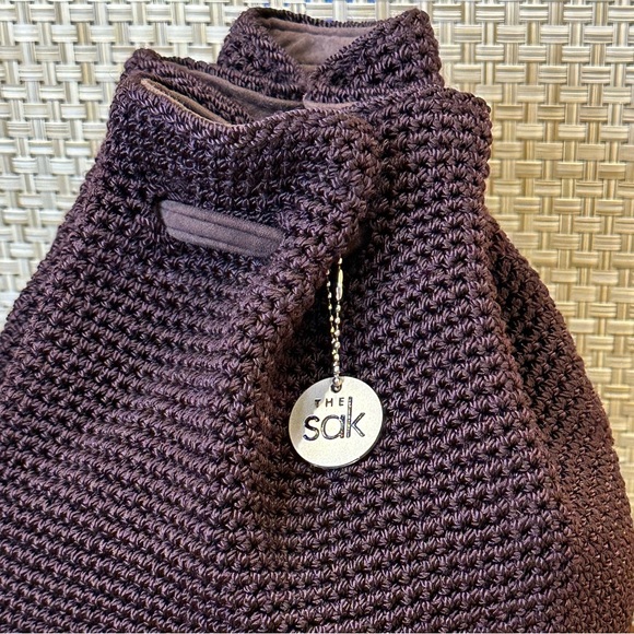 🌟HP🌟VTG 1990s The Sak Crochet Backpack Aubergine Purple 90s Boho Drawstring Bag - Picture 2 of 16